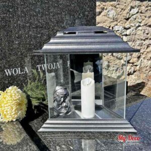 Lampion Kapliczka na grób z motywem Matki Boskiej trapez srebrny MD928