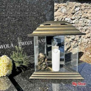 Lampion Kapliczka na grób z motywem Matki Boskiej trapez złoty MD927