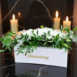 Donica na cmentarz prostokątna z napisem Pamiętamy biała MD882