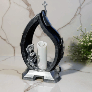 Znicz szklany duży na grób z kwiatem srebrny Płomień MD919